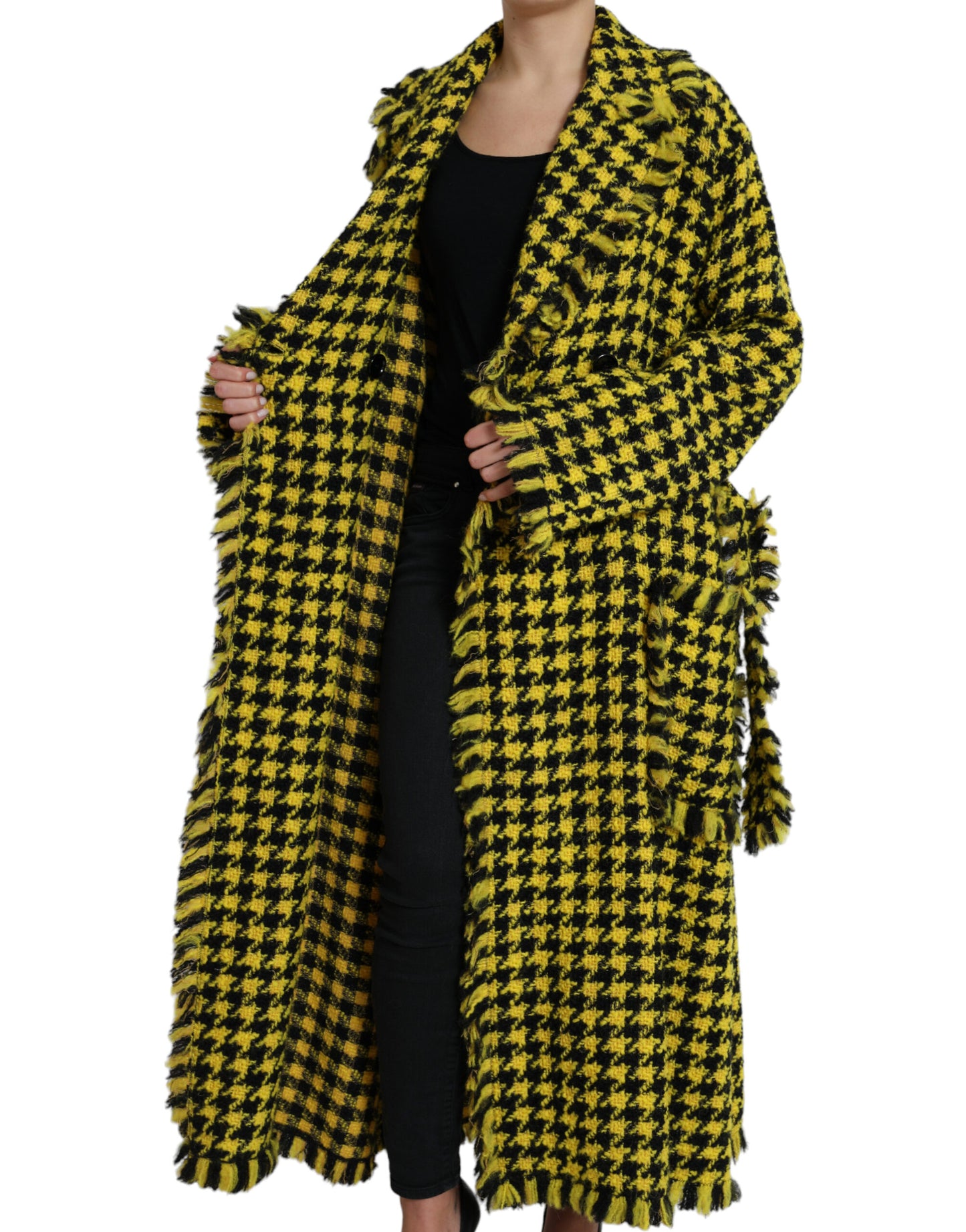 Dolce & Gabbana Yellow Houndstooth Long Sleeve Coat Jacket