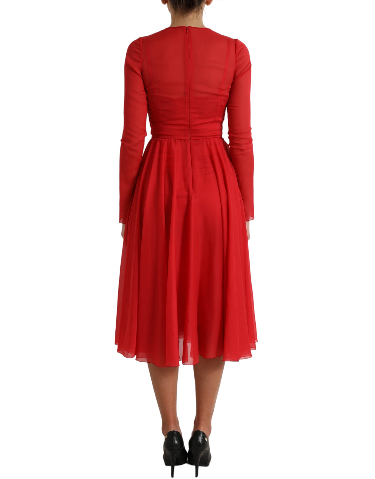 Dolce & Gabbana Red Silk Pleated Aline Long Sleeve Midi Dress