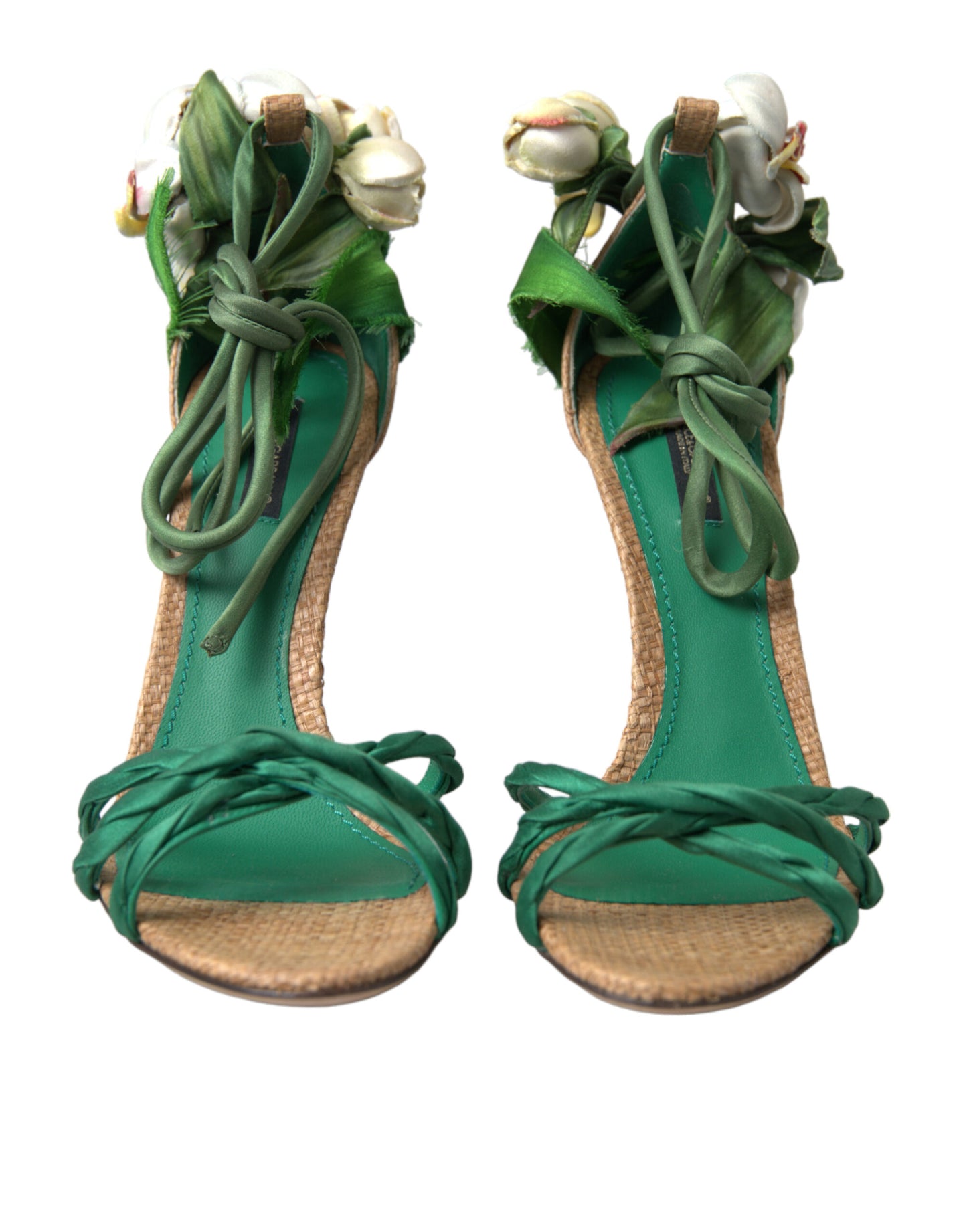 Dolce & Gabbana Green Flower Satin Heels Sandals Shoes