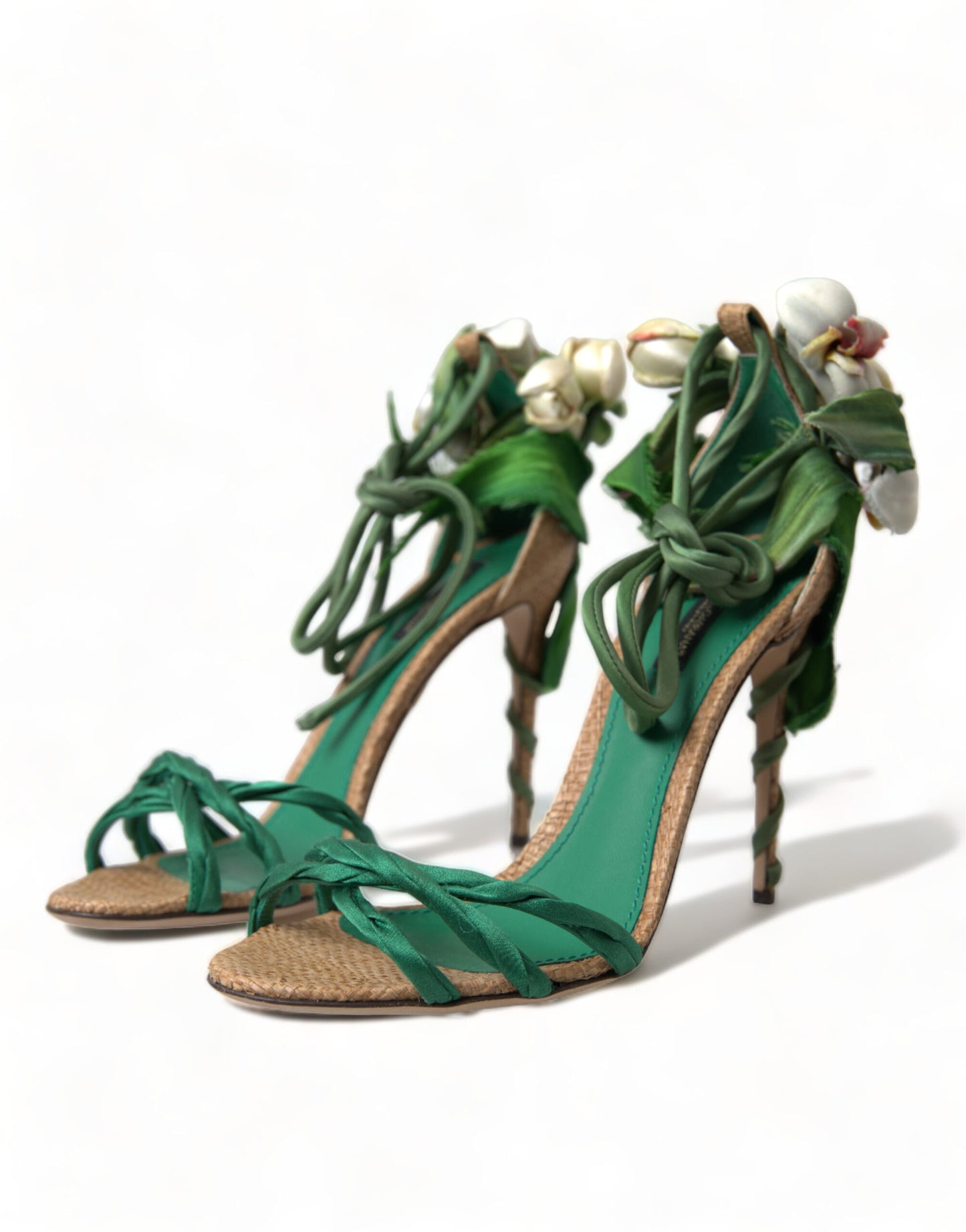 Dolce & Gabbana Green Flower Satin Heels Sandals Shoes