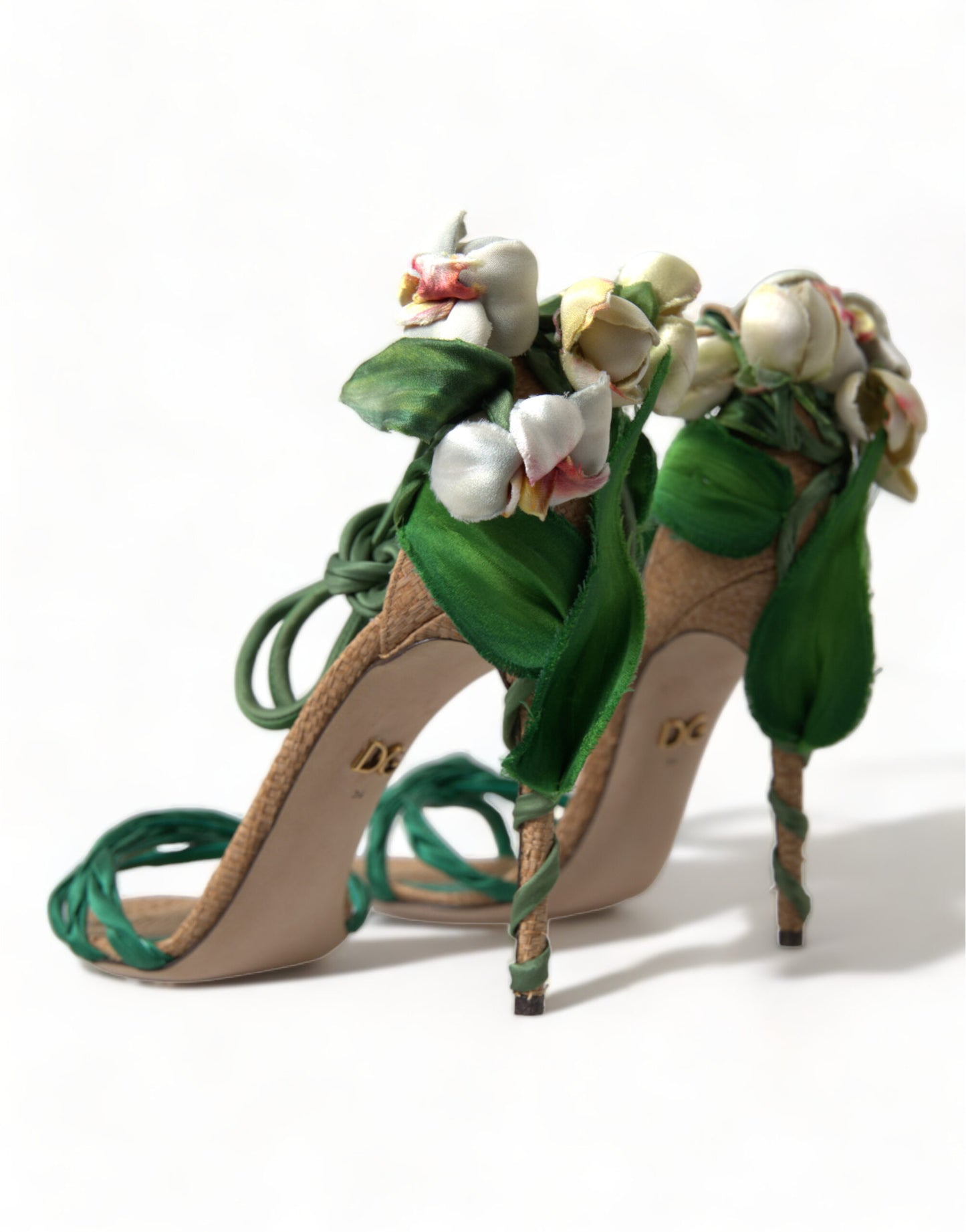 Dolce & Gabbana Green Flower Satin Heels Sandals Shoes