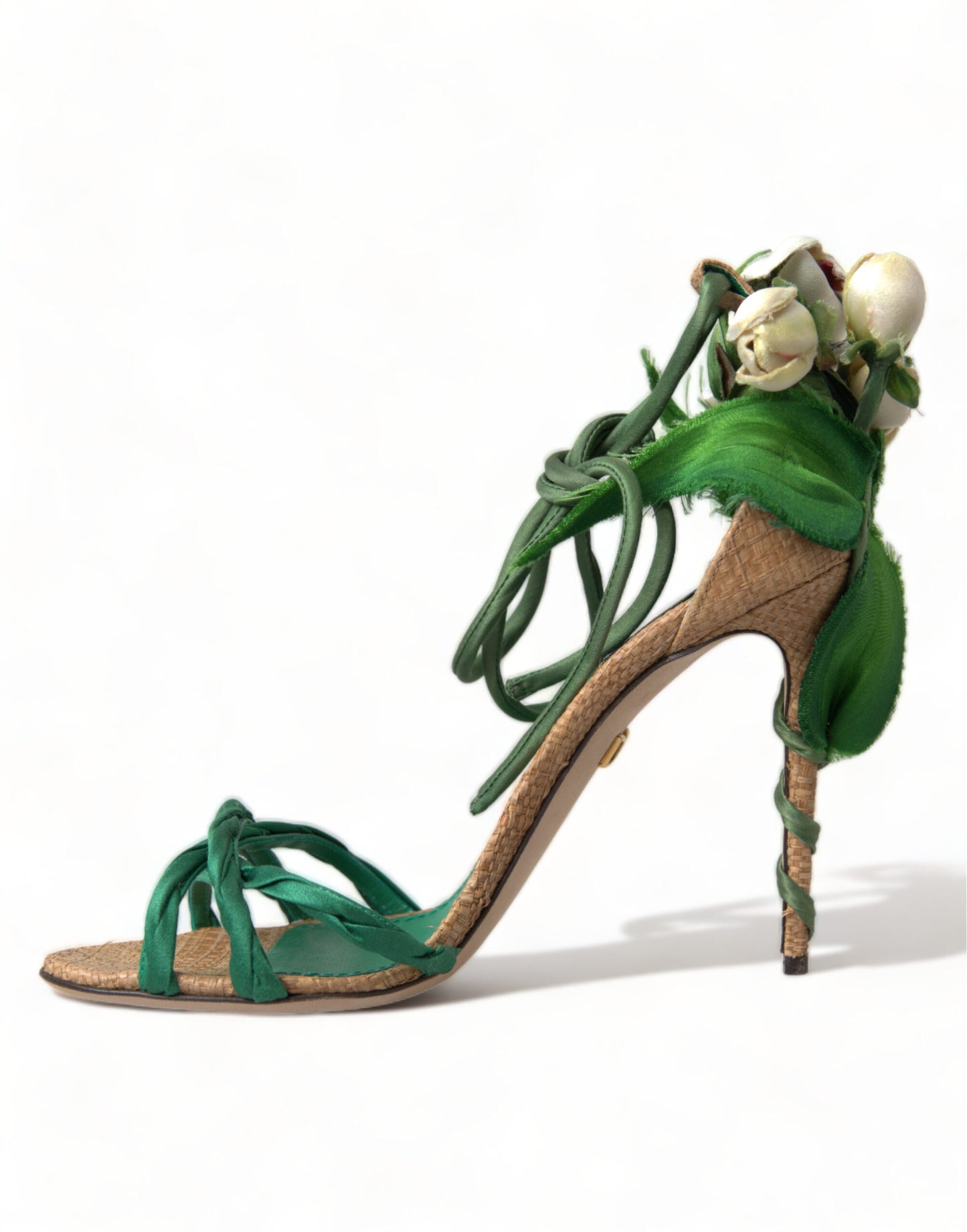 Dolce & Gabbana Green Flower Satin Heels Sandals Shoes