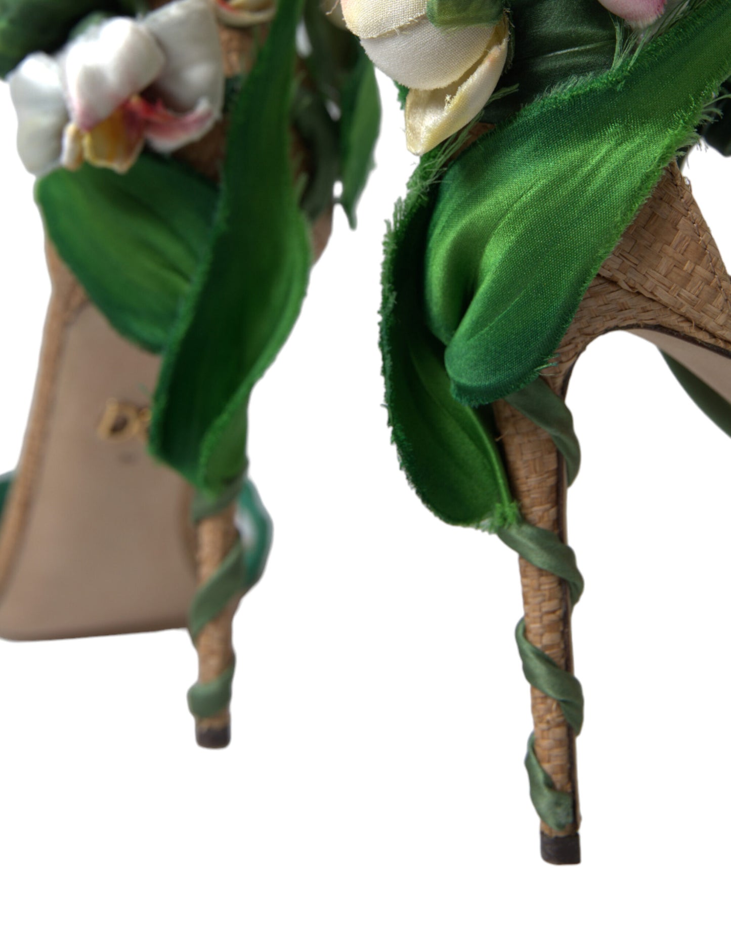 Dolce & Gabbana Green Flower Satin Heels Sandals Shoes