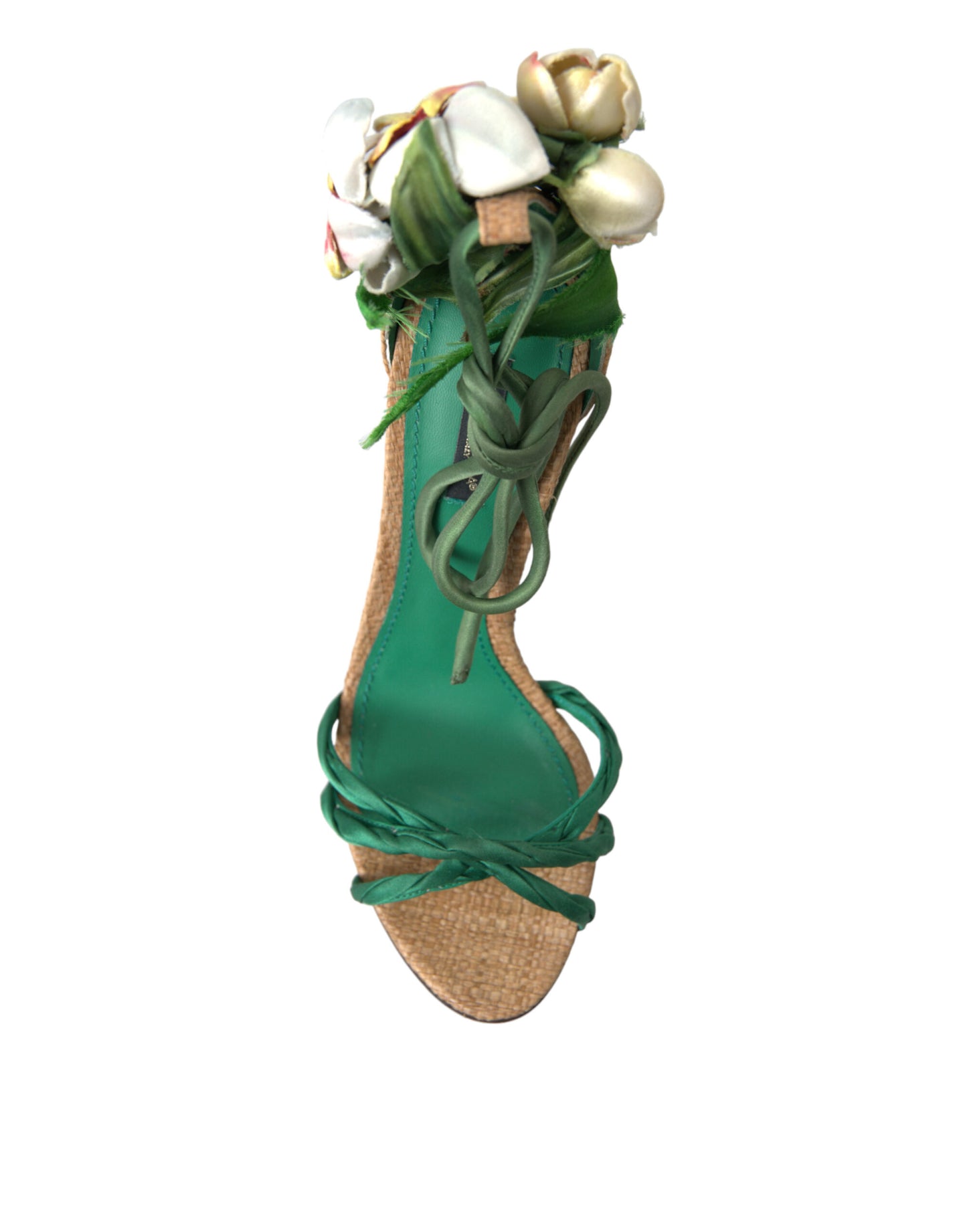 Dolce & Gabbana Green Flower Satin Heels Sandals Shoes