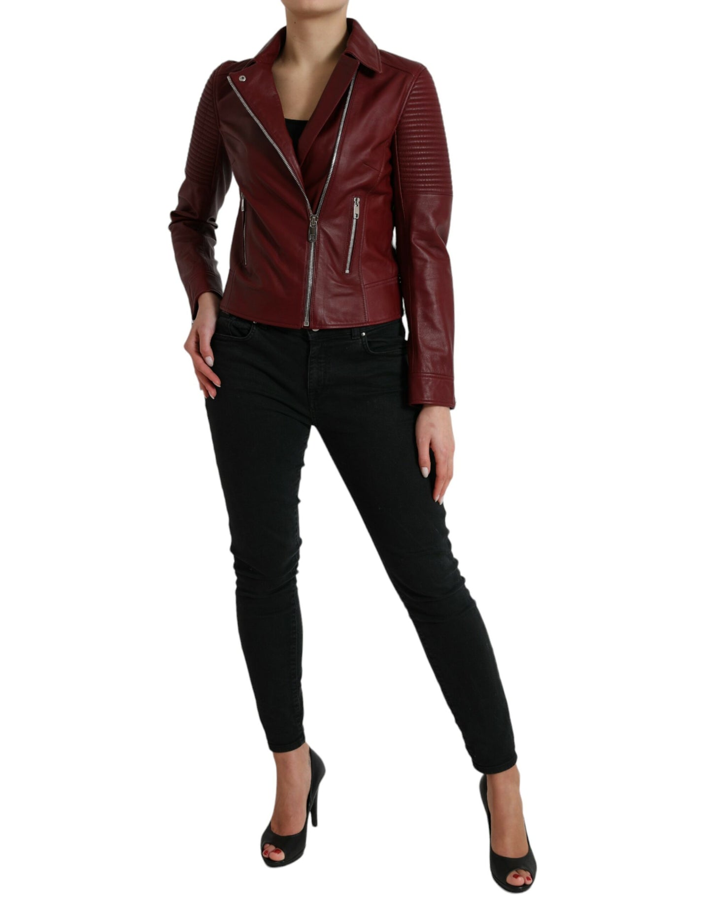 Dolce & Gabbana Bordeaux Leather Biker Coat Lambskin Jacket