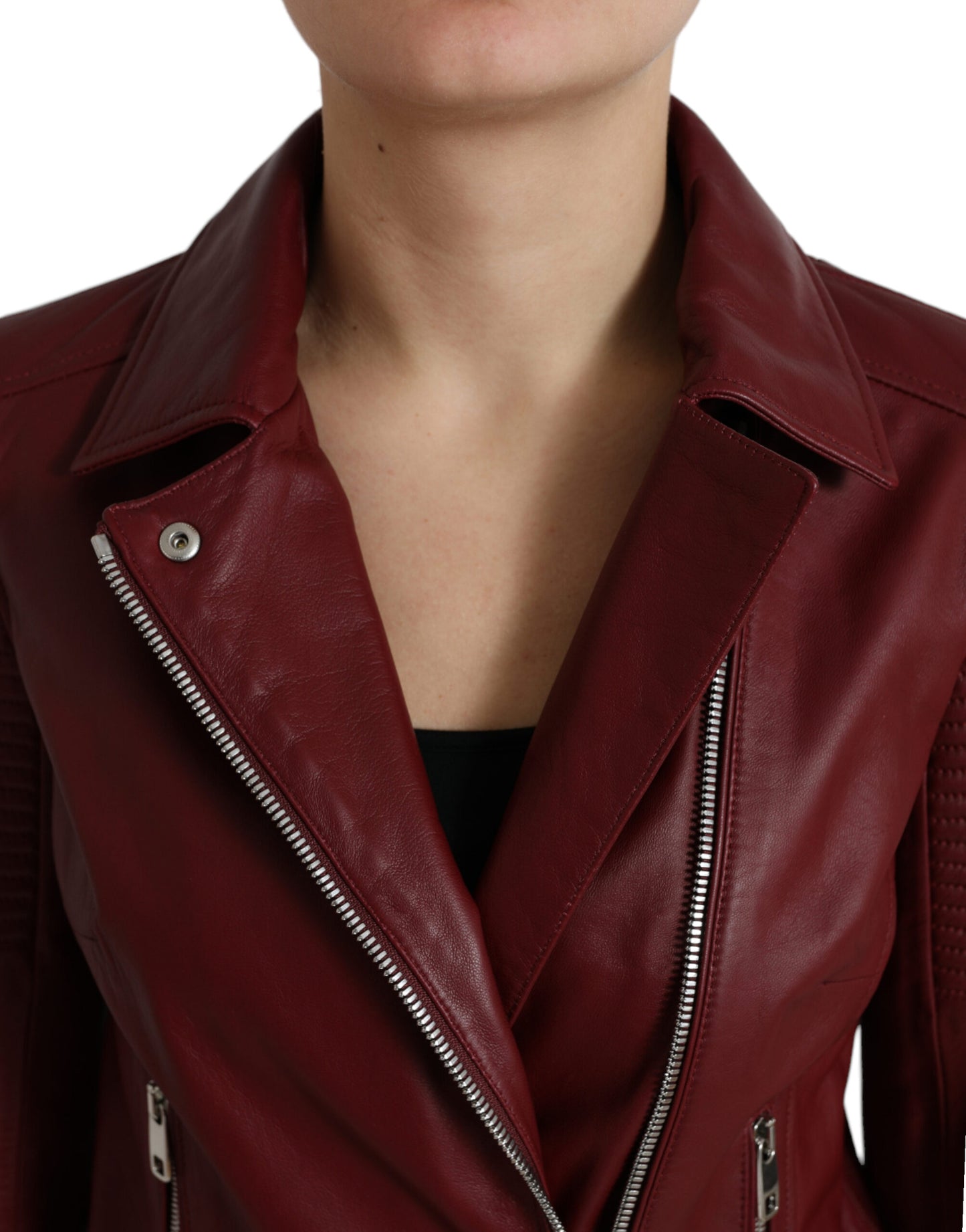 Dolce & Gabbana Bordeaux Leather Biker Coat Lambskin Jacket