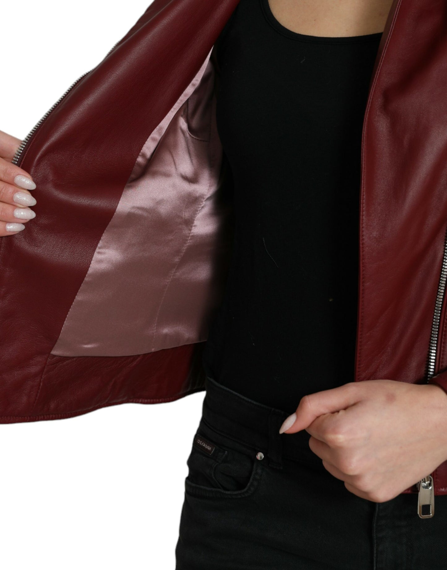 Dolce & Gabbana Bordeaux Leather Biker Coat Lambskin Jacket