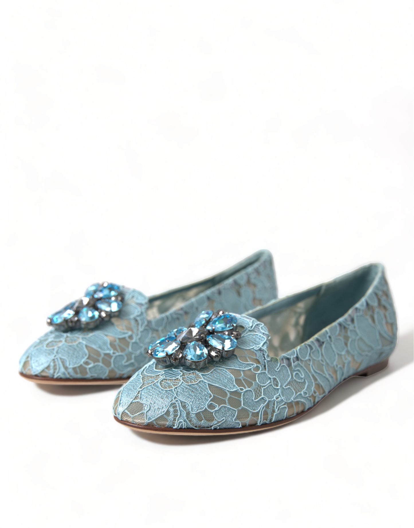 Dolce & Gabbana Blue Vally Taormina Lace Crystals Flats Shoes