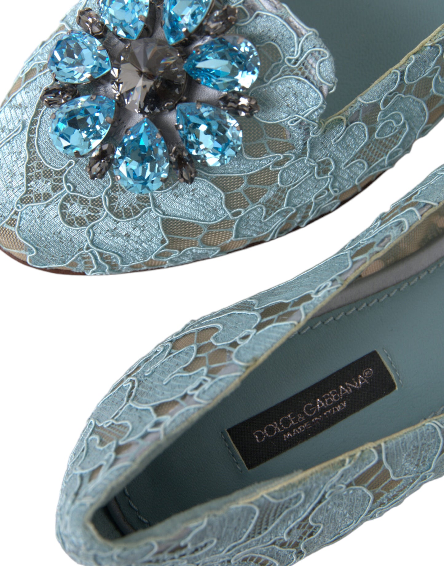 Dolce & Gabbana Blue Vally Taormina Lace Crystals Flats Shoes