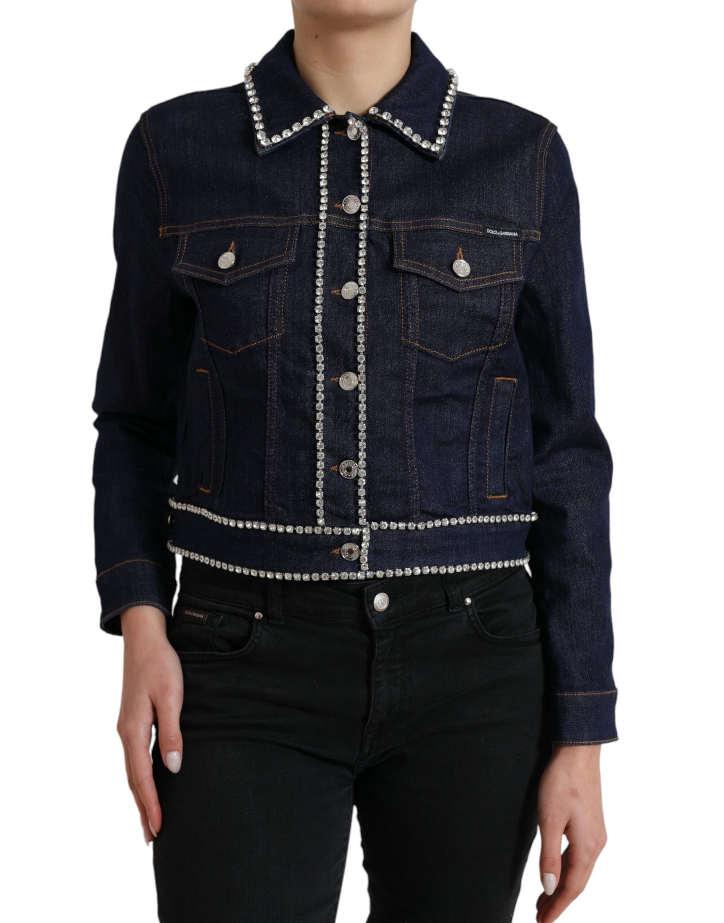 Dolce & Gabbana Dark Blue Crystal Trimmed Cotton Denim Jacket