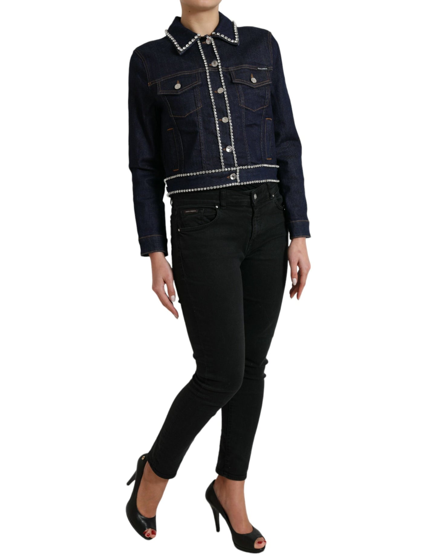 Dolce & Gabbana Dark Blue Crystal Trimmed Cotton Denim Jacket