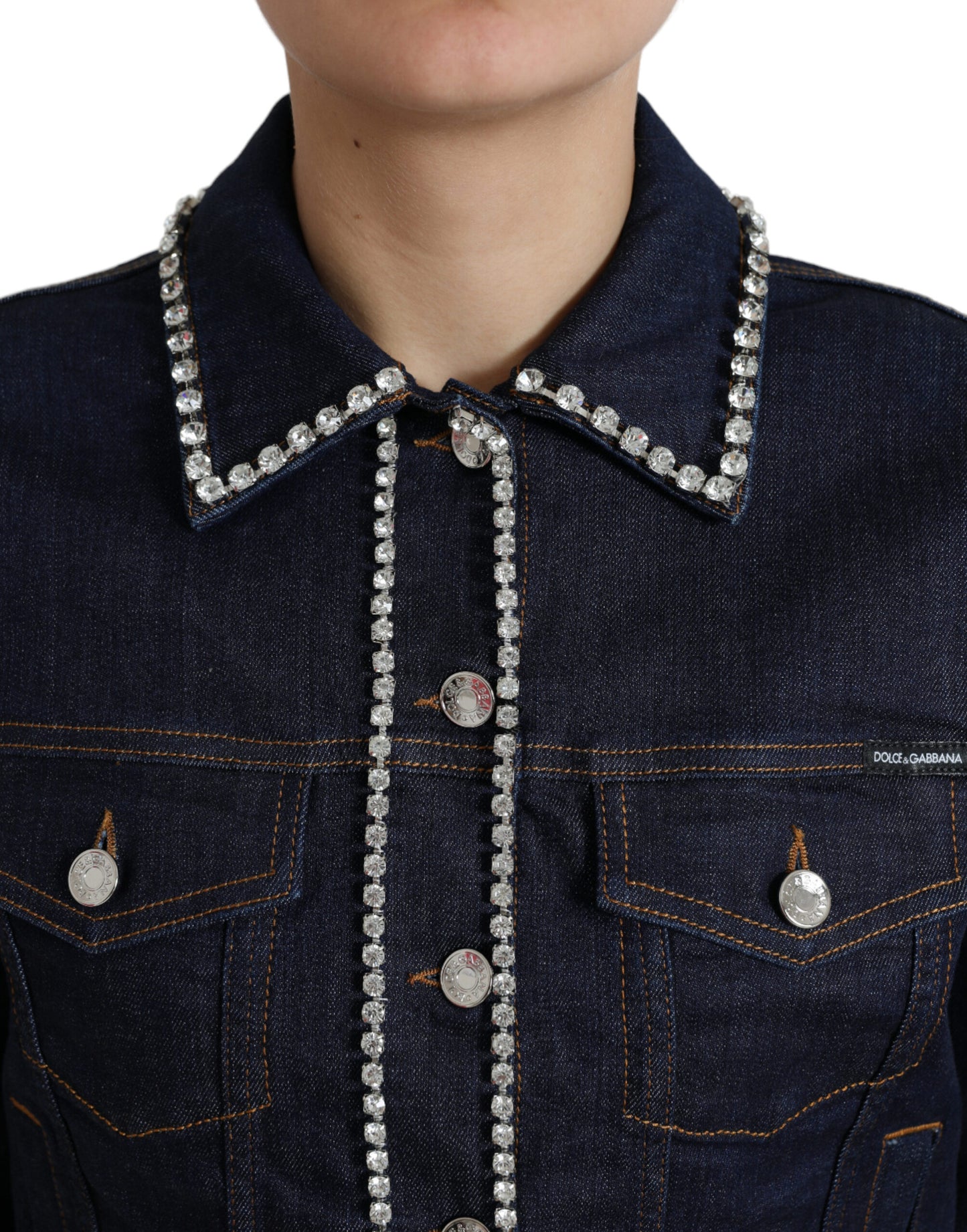 Dolce & Gabbana Dark Blue Crystal Trimmed Cotton Denim Jacket