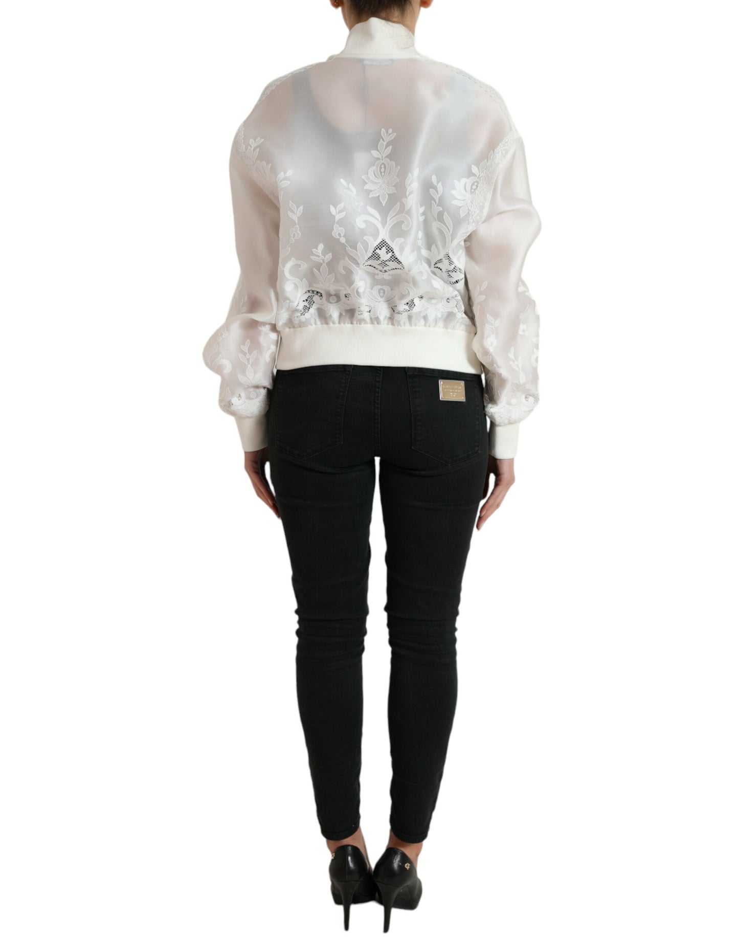 Dolce & Gabbana White Floral Lace Silk Full Zip Bomber Jacket