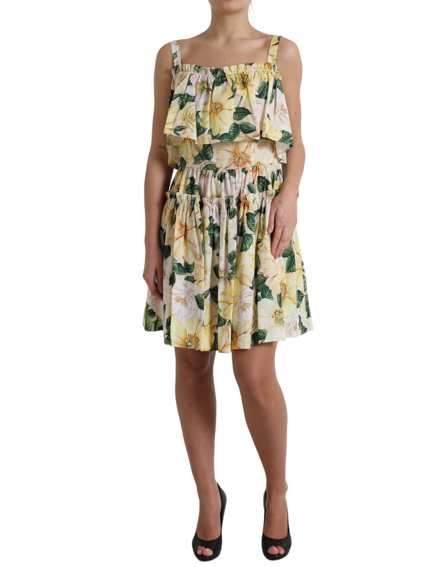 Dolce & Gabbana Yellow Floral Print Cotton Mini Dress