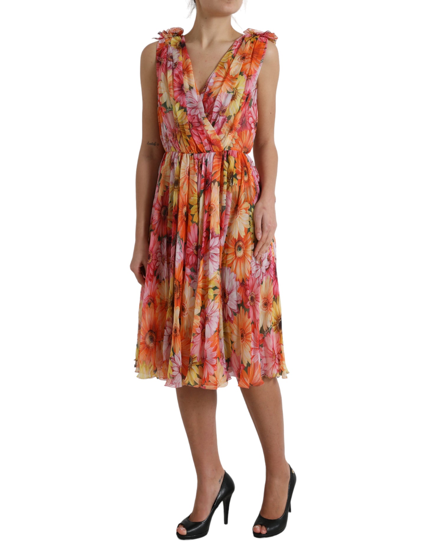 Dolce & Gabbana Multicolor Sunflower Print Silk Midi Dress