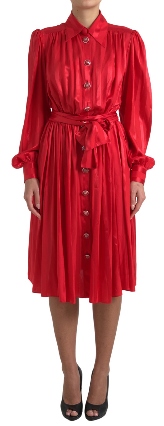 Dolce & Gabbana Red Satin Silk Button Down Belted Midi Dress