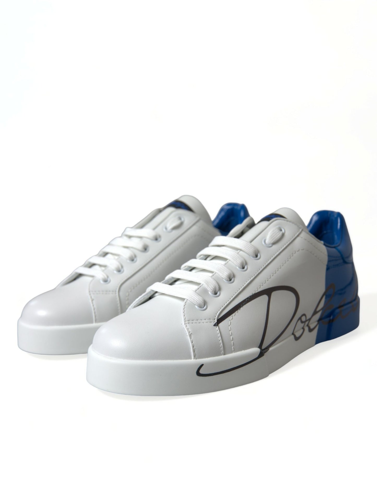 Dolce & Gabbana White Blue Leather Low Top Sneakers Shoes