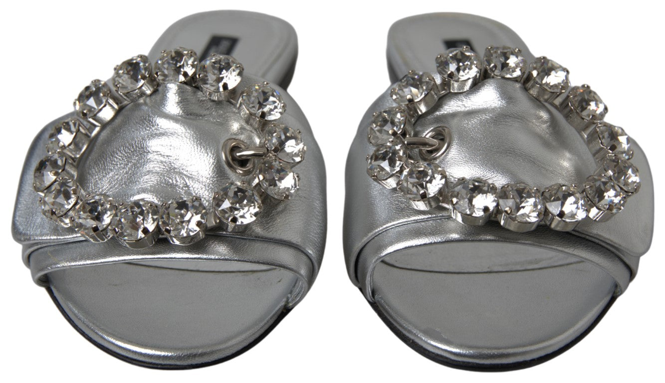 Dolce & Gabbana Silver Crystal Embellished Slides Flat Shoes