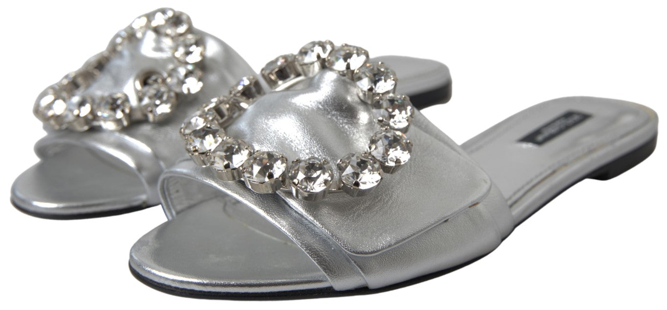 Dolce & Gabbana Silver Crystal Embellished Slides Flat Shoes