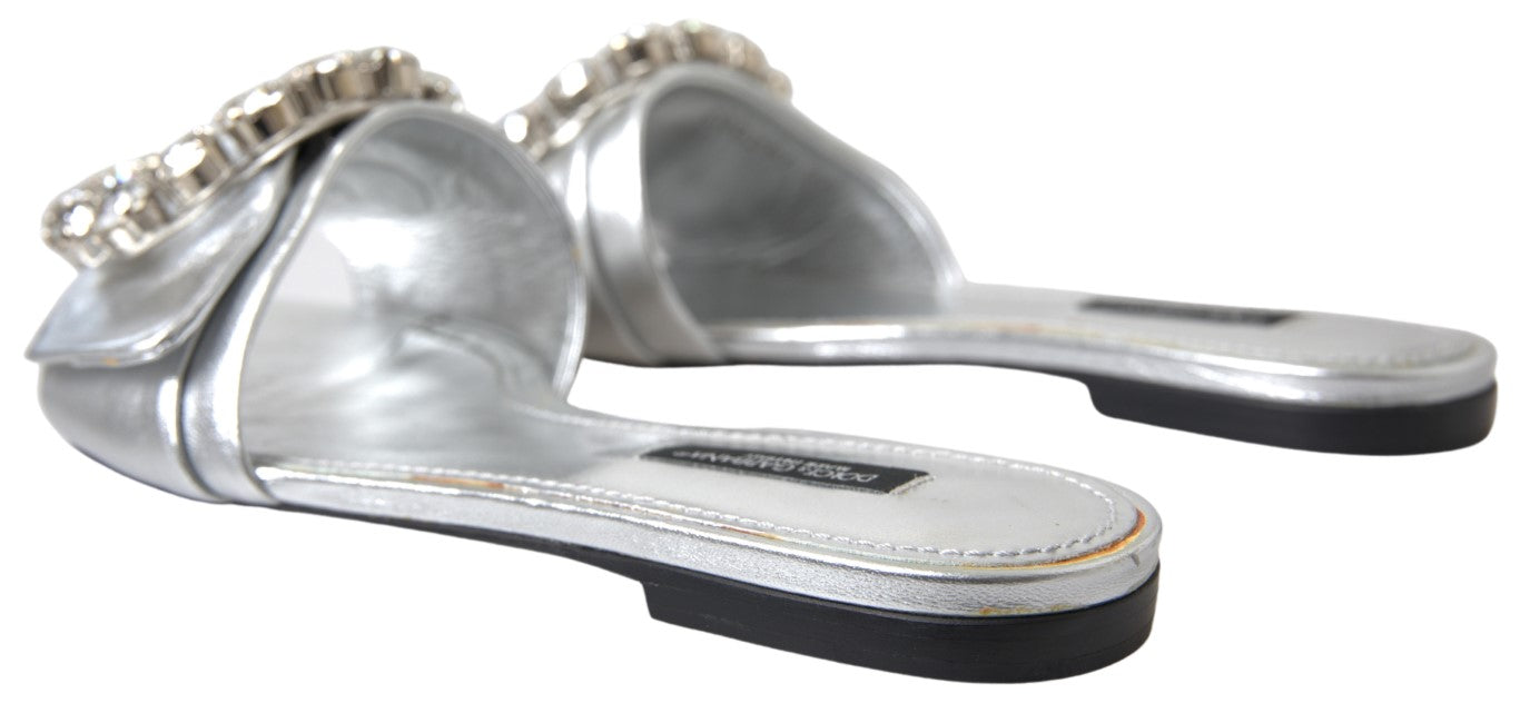 Dolce & Gabbana Silver Crystal Embellished Slides Flat Shoes