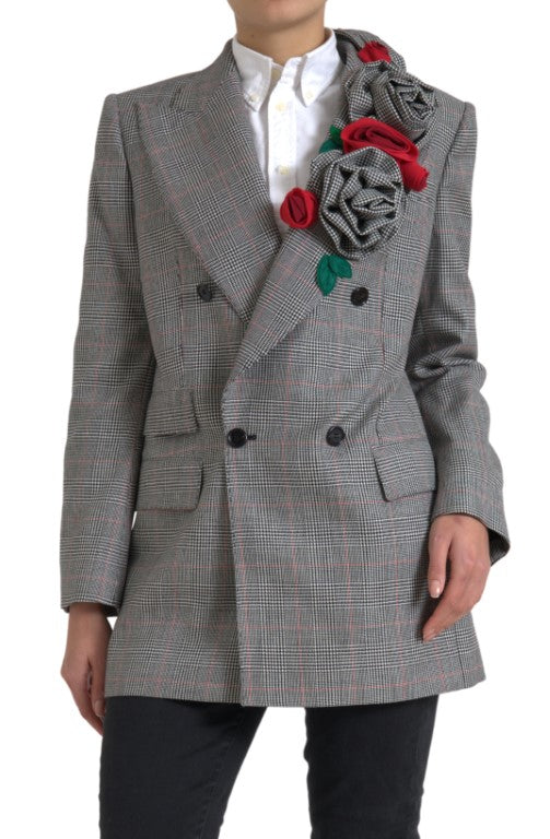 Dolce & Gabbana Gray Plaid Rose Applique Coat Blazer Jacket