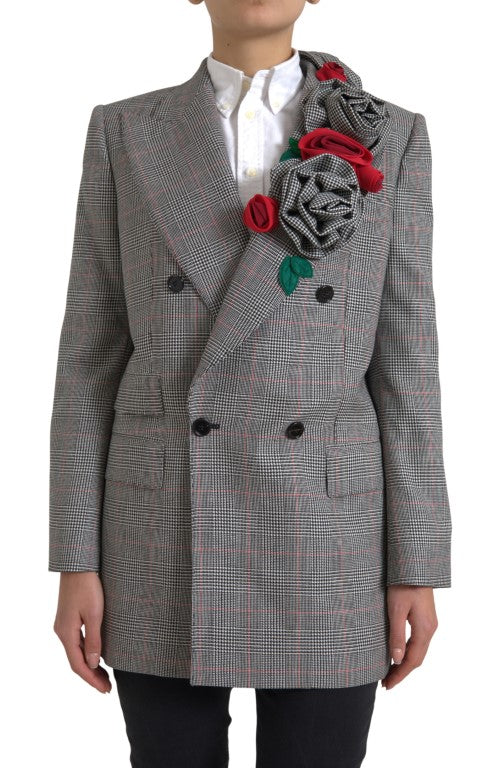 Dolce & Gabbana Gray Plaid Rose Applique Coat Blazer Jacket