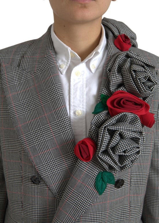 Dolce & Gabbana Gray Plaid Rose Applique Coat Blazer Jacket