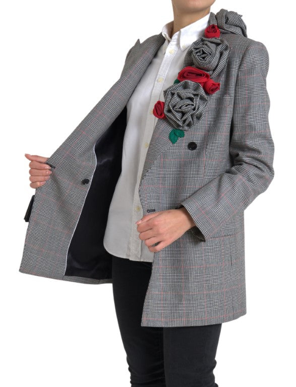 Dolce & Gabbana Gray Plaid Rose Applique Coat Blazer Jacket