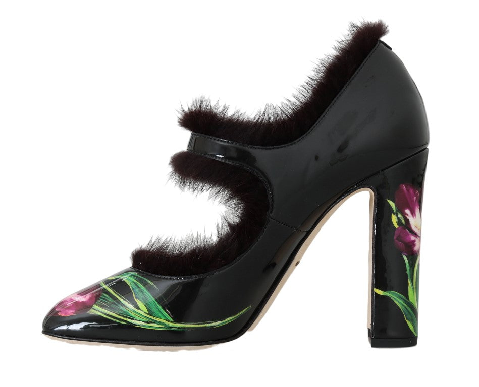 Dolce & Gabbana Black Leather Purple Tulip Mink Fur Pumps