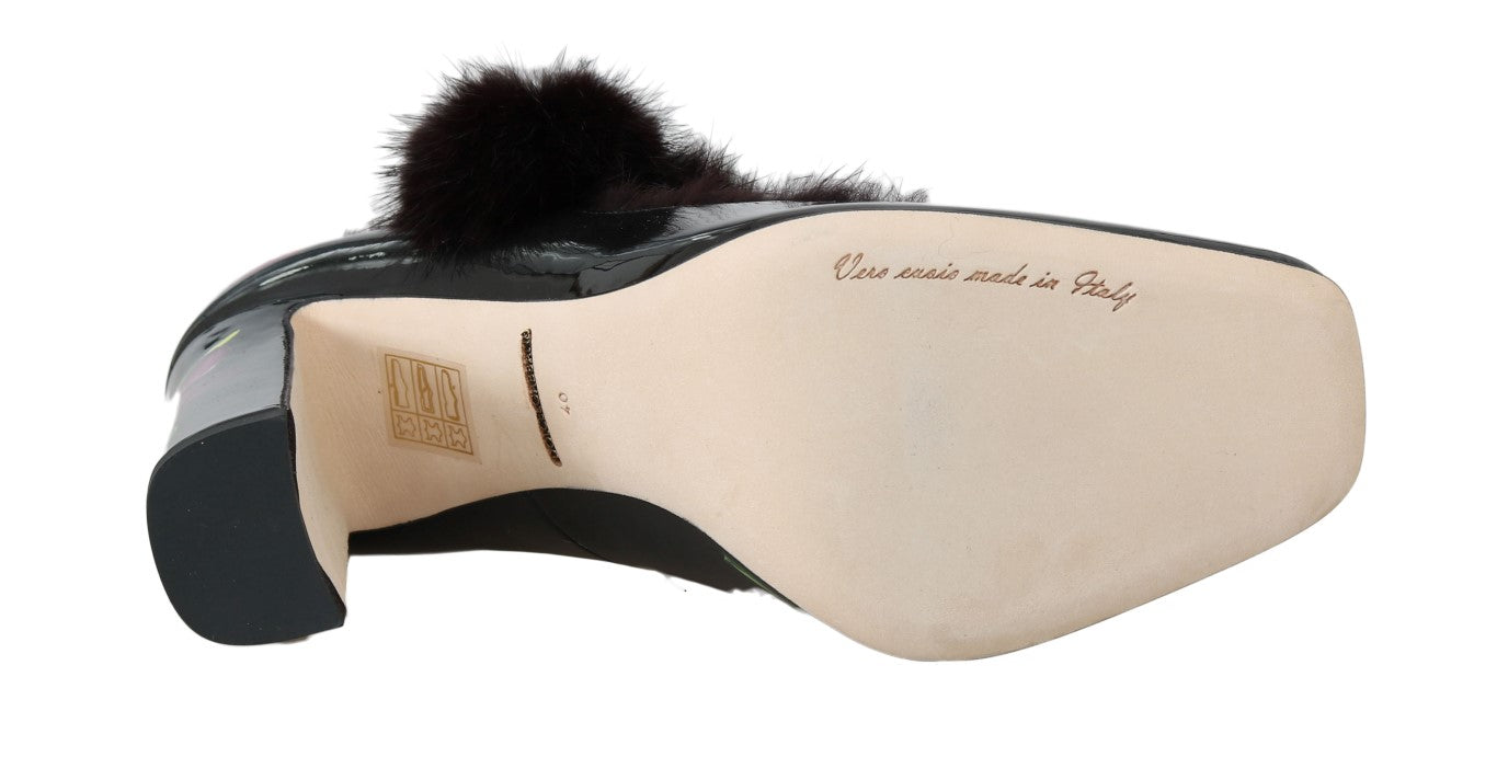 Dolce & Gabbana Black Leather Purple Tulip Mink Fur Pumps