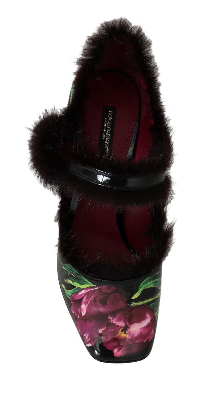 Dolce & Gabbana Black Leather Purple Tulip Mink Fur Pumps