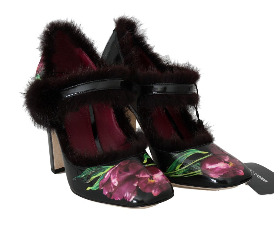 Dolce & Gabbana Black Leather Purple Tulip Mink Fur Pumps