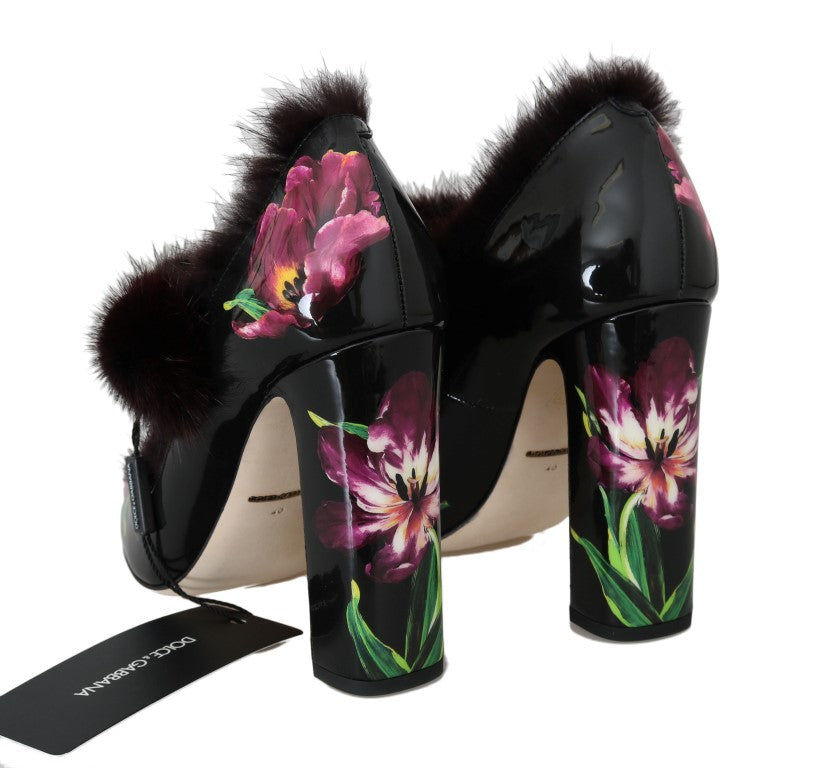 Dolce & Gabbana Black Leather Purple Tulip Mink Fur Pumps