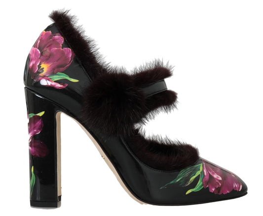 Dolce & Gabbana Black Leather Purple Tulip Mink Fur Pumps