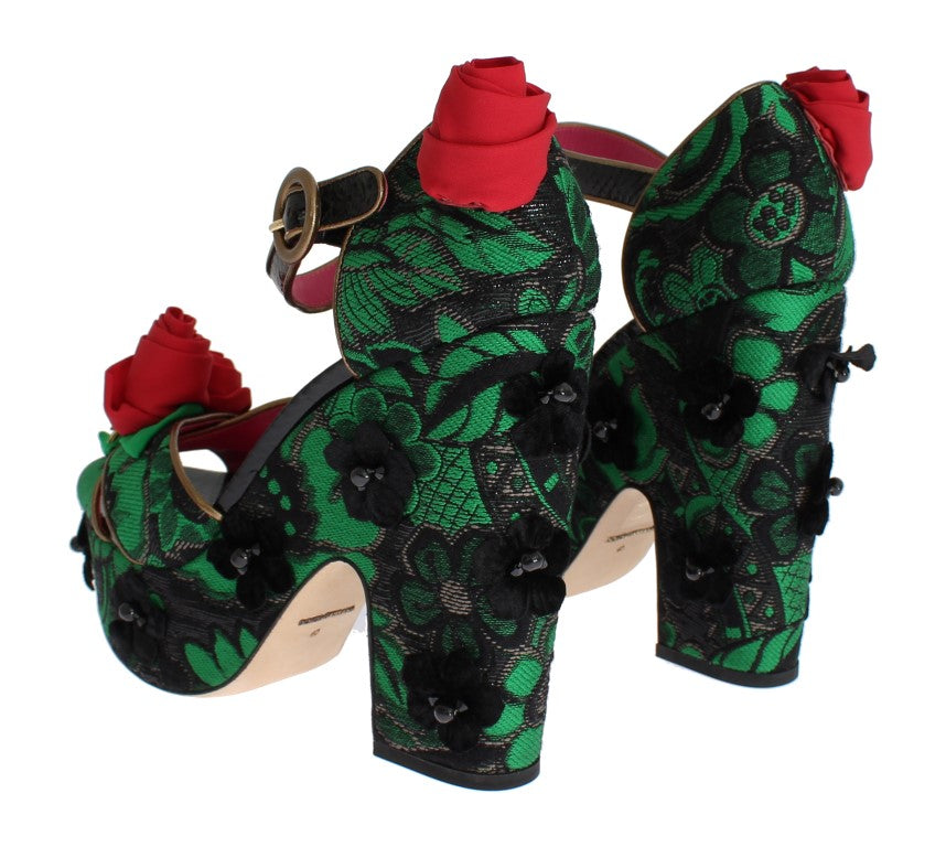 Dolce & Gabbana Green Brocade Snakeskin Roses Crystal Shoes