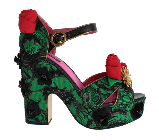 Dolce & Gabbana Green Brocade Snakeskin Roses Crystal Shoes