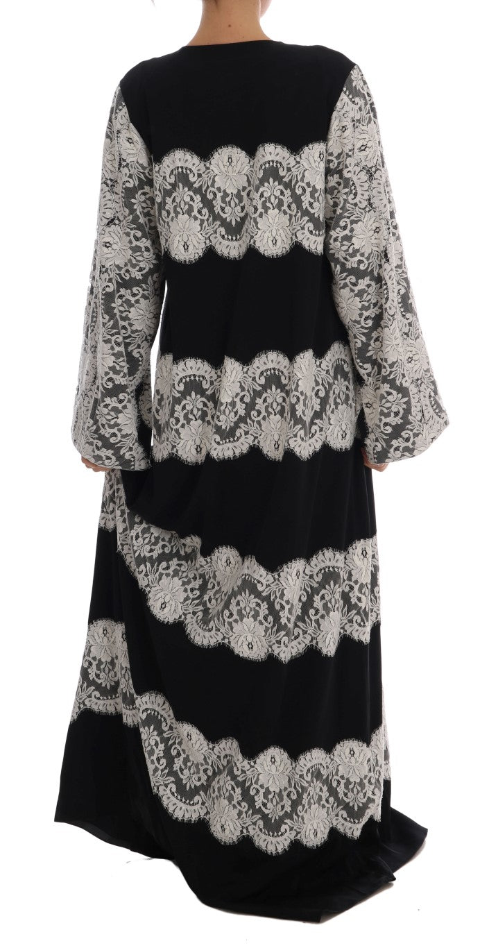 Dolce & Gabbana Black Silk Floral Lace Kaftan Dress