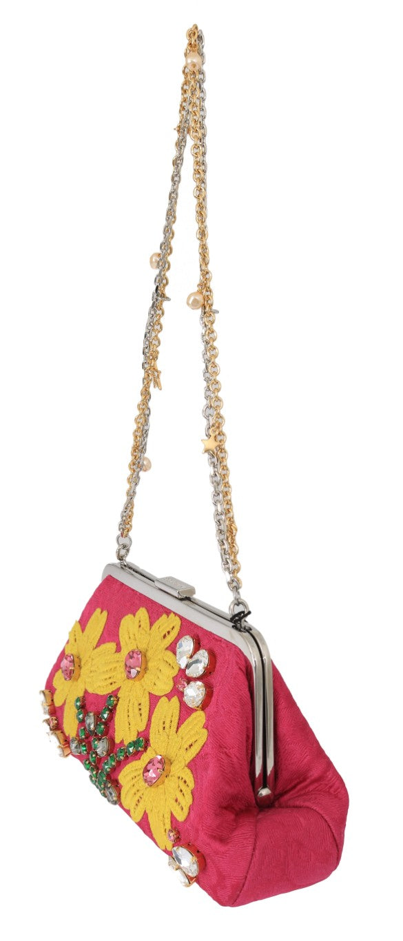 Dolce & Gabbana Pink Brocade Floral Crystal Applique Evening Purse