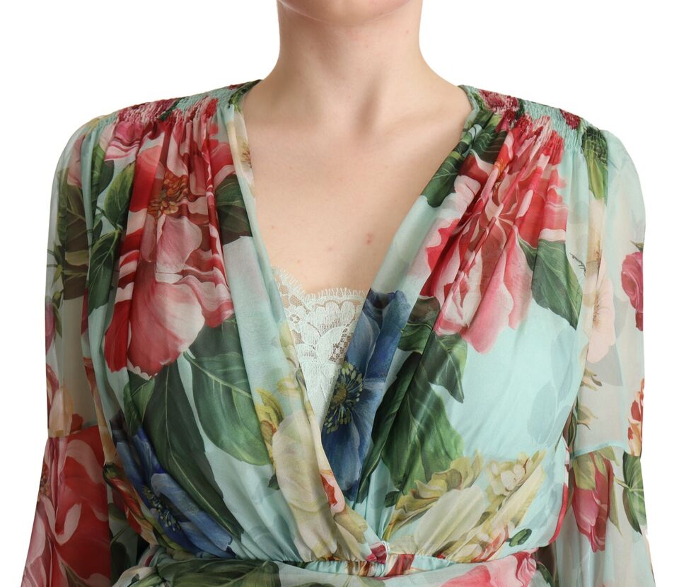 Dolce & Gabbana Multicolor Green Floral Silk Wrap Midi Dress