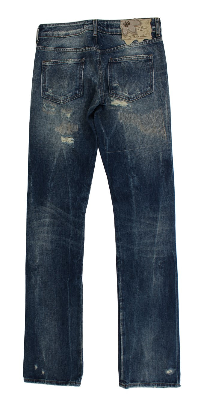 Cavalli Blue Wash Torn Cotton Straight Fit Jeans