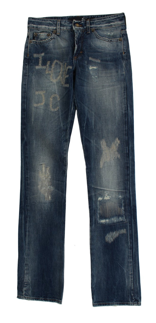 Cavalli Blue Wash Torn Cotton Straight Fit Jeans