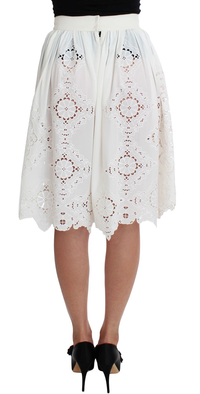 Dolce & Gabbana White Silk Floral Ricamo Knee Skirt