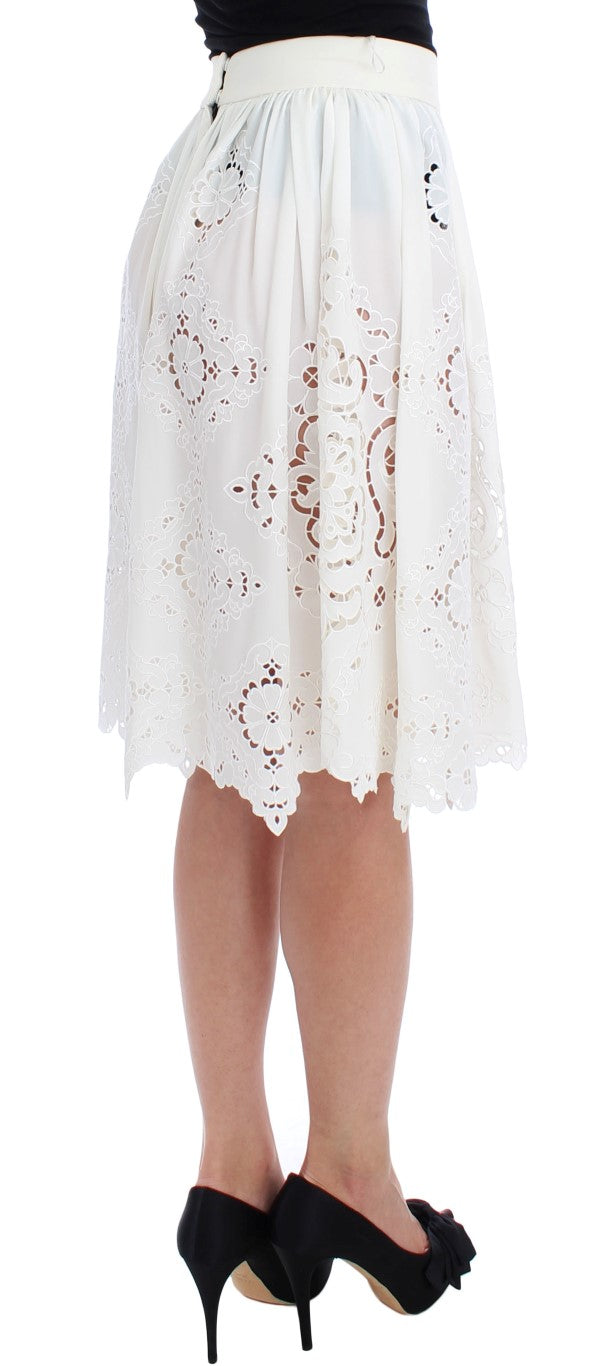 Dolce & Gabbana White Silk Floral Ricamo Knee Skirt