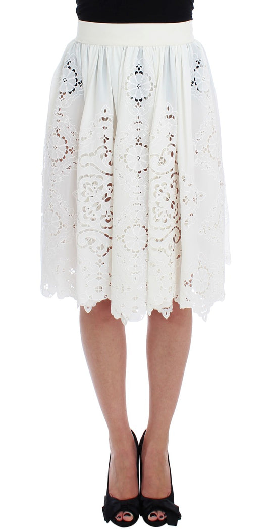 Dolce & Gabbana White Silk Floral Ricamo Knee Skirt