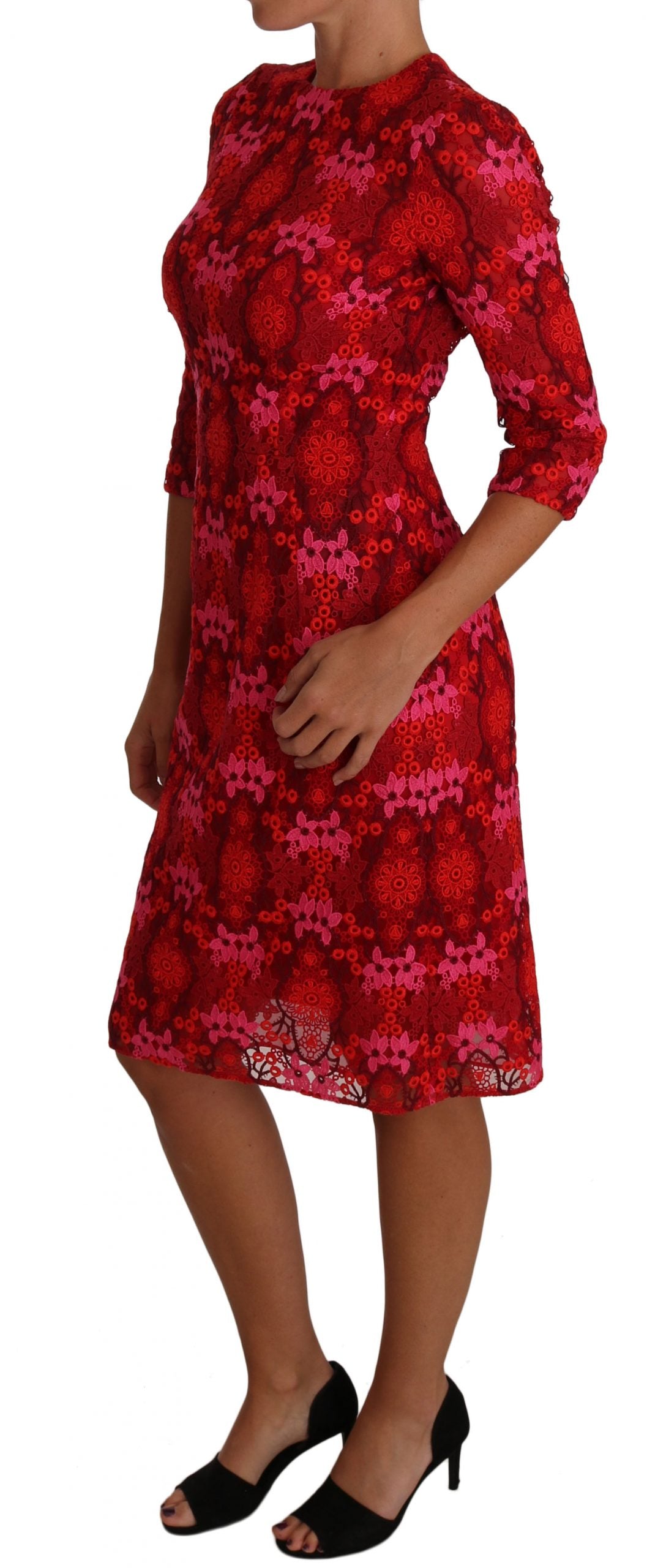 Dolce & Gabbana Floral Crochet Lace Red Pink Sheath Dress