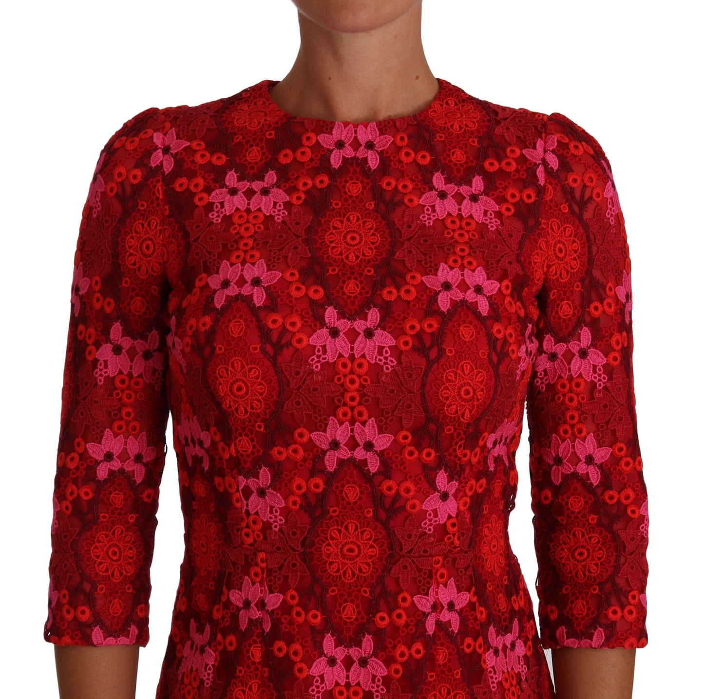 Dolce & Gabbana Floral Crochet Lace Red Pink Sheath Dress