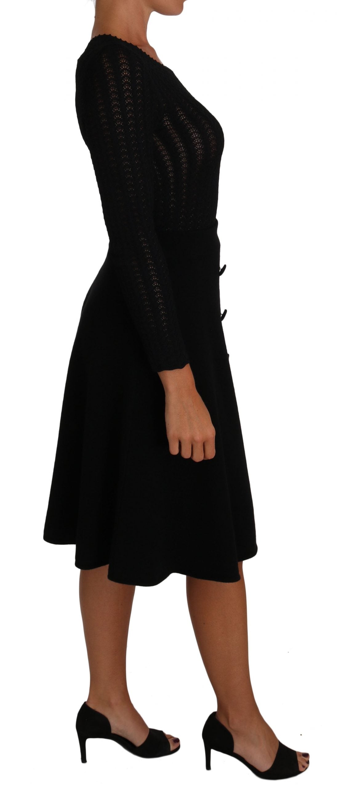 Dolce & Gabbana Black Knitted Wool Sheath Long Sleeves Dress