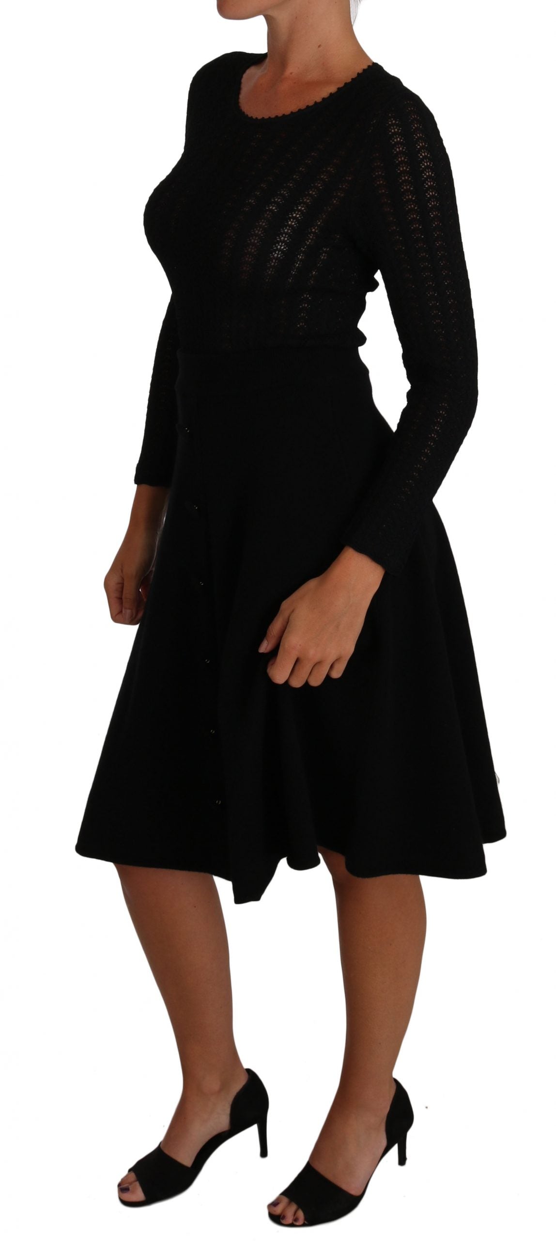 Dolce & Gabbana Black Knitted Wool Sheath Long Sleeves Dress