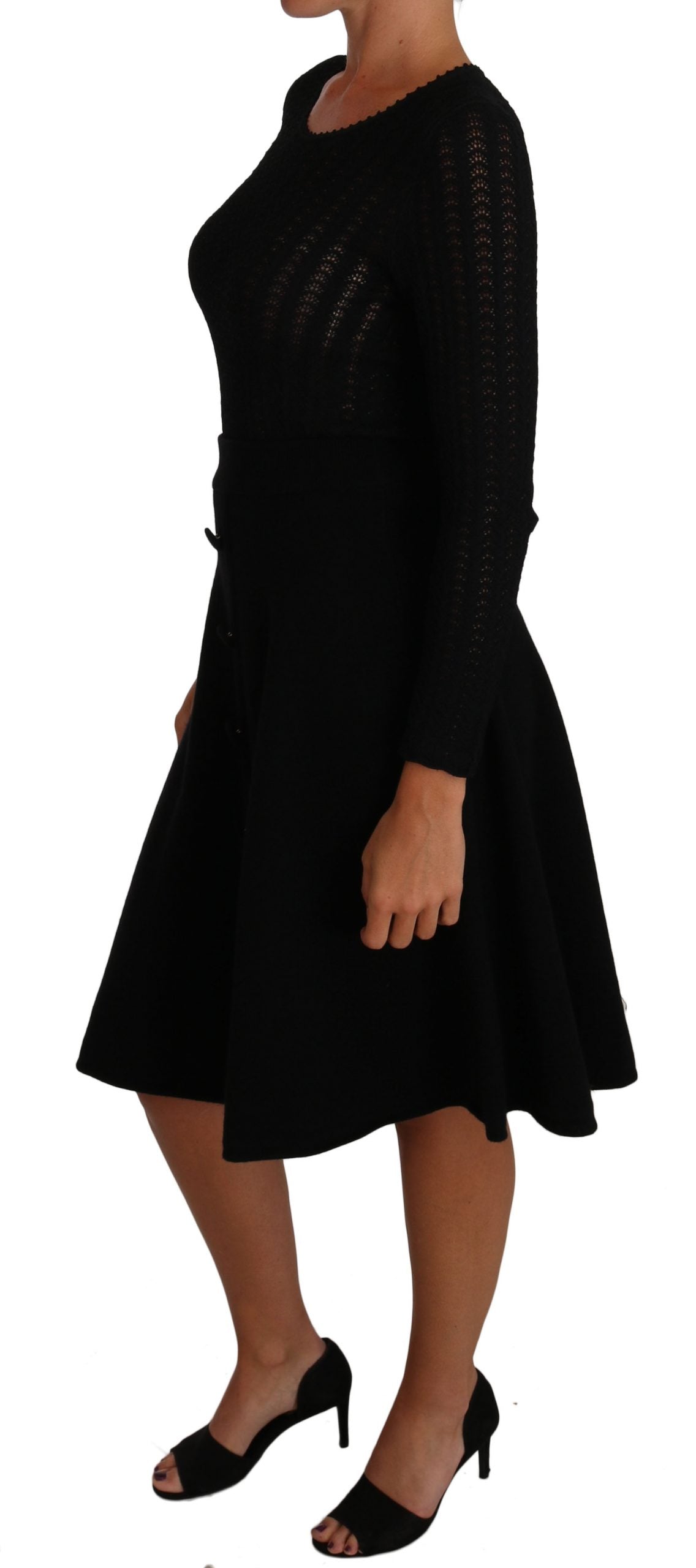 Dolce & Gabbana Black Knitted Wool Sheath Long Sleeves Dress