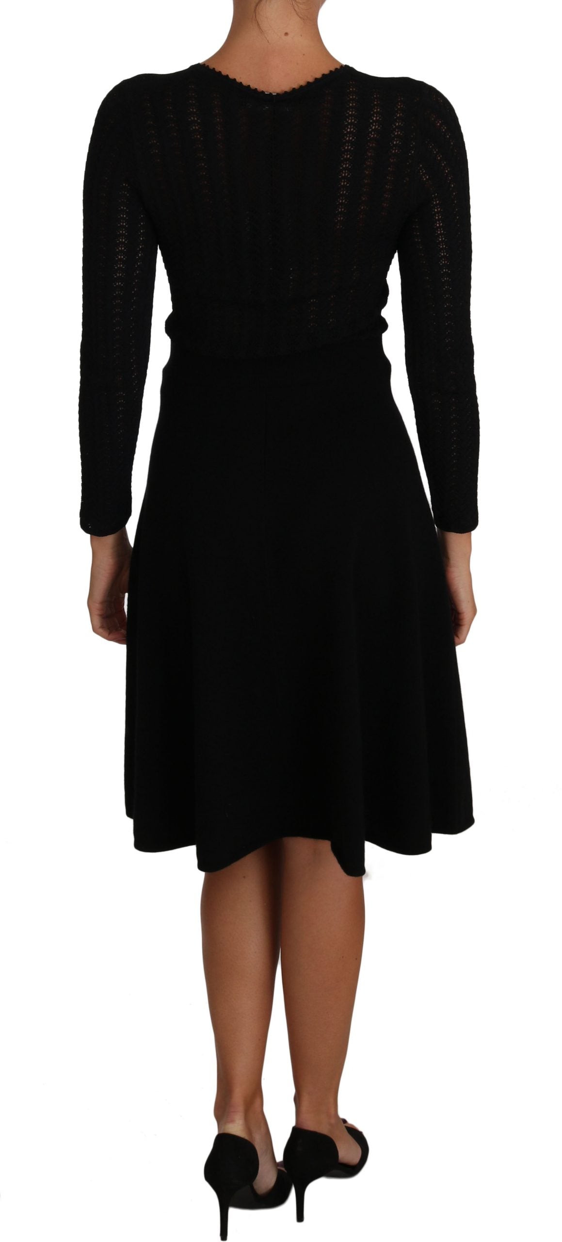 Dolce & Gabbana Black Knitted Wool Sheath Long Sleeves Dress